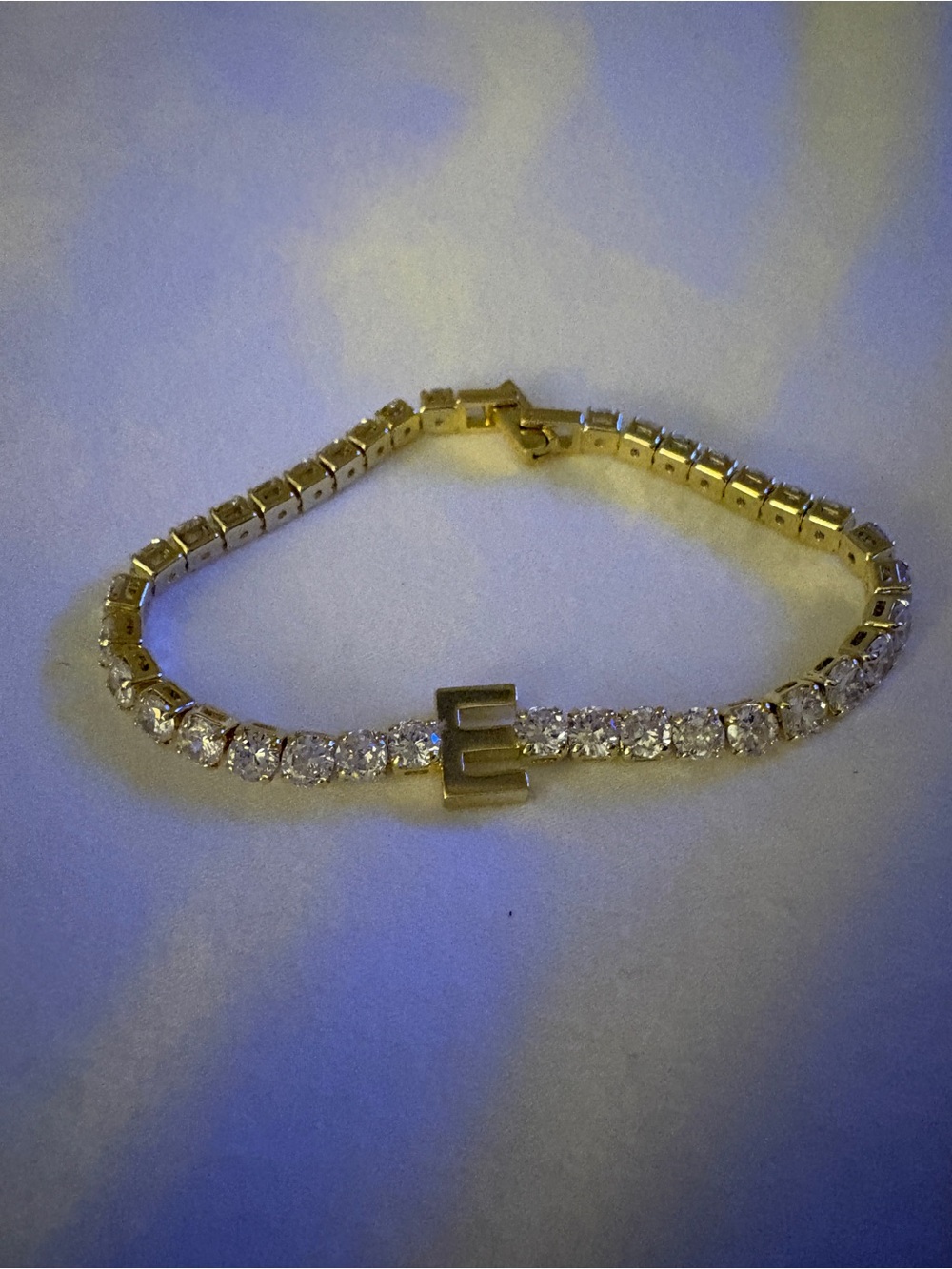 Natalie Wood Designs- Gold Tennis Bracelet “E” with Clear Stones Women Jewelry